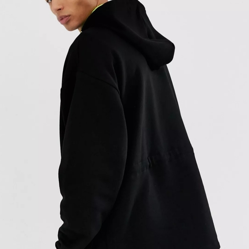 Mens ASOS Design World Print Pullover Hoodie Black Drawcord Sweatshirt Medium - Picture 3 of 15